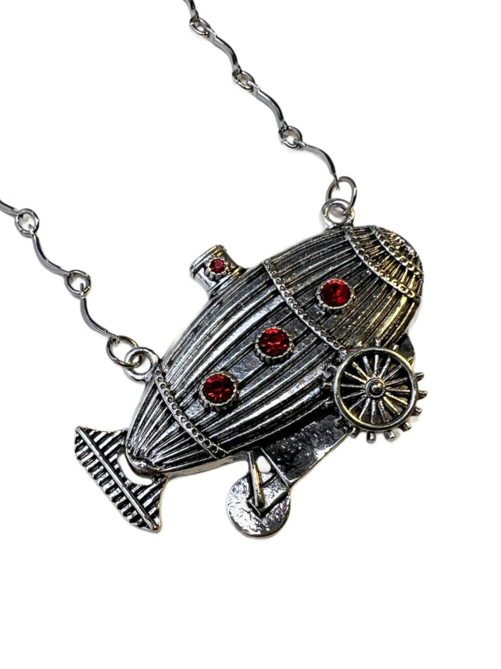 Airship Blimp Steampunk Pendant Necklace Red Rhinestones Antique Silver Tone